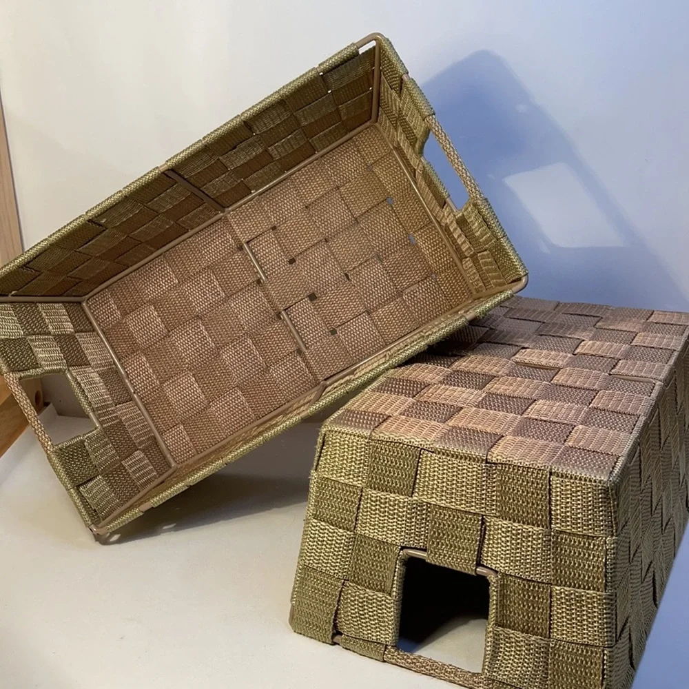 Storage bin set Nesting green canvas strap metal frame basket set
